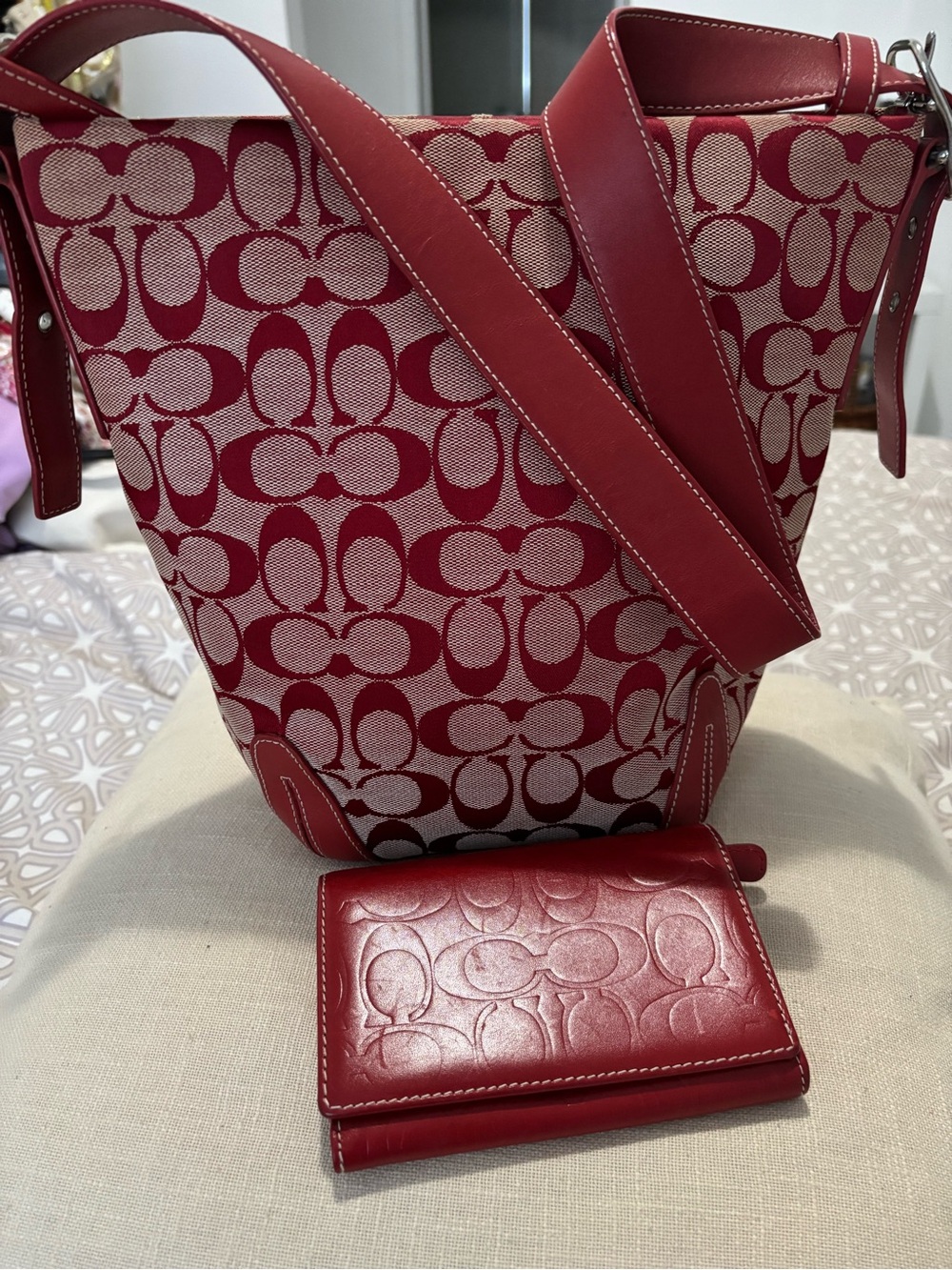 Coach Red Signature Canvas Shoulder Bag with Matching Red Wallet